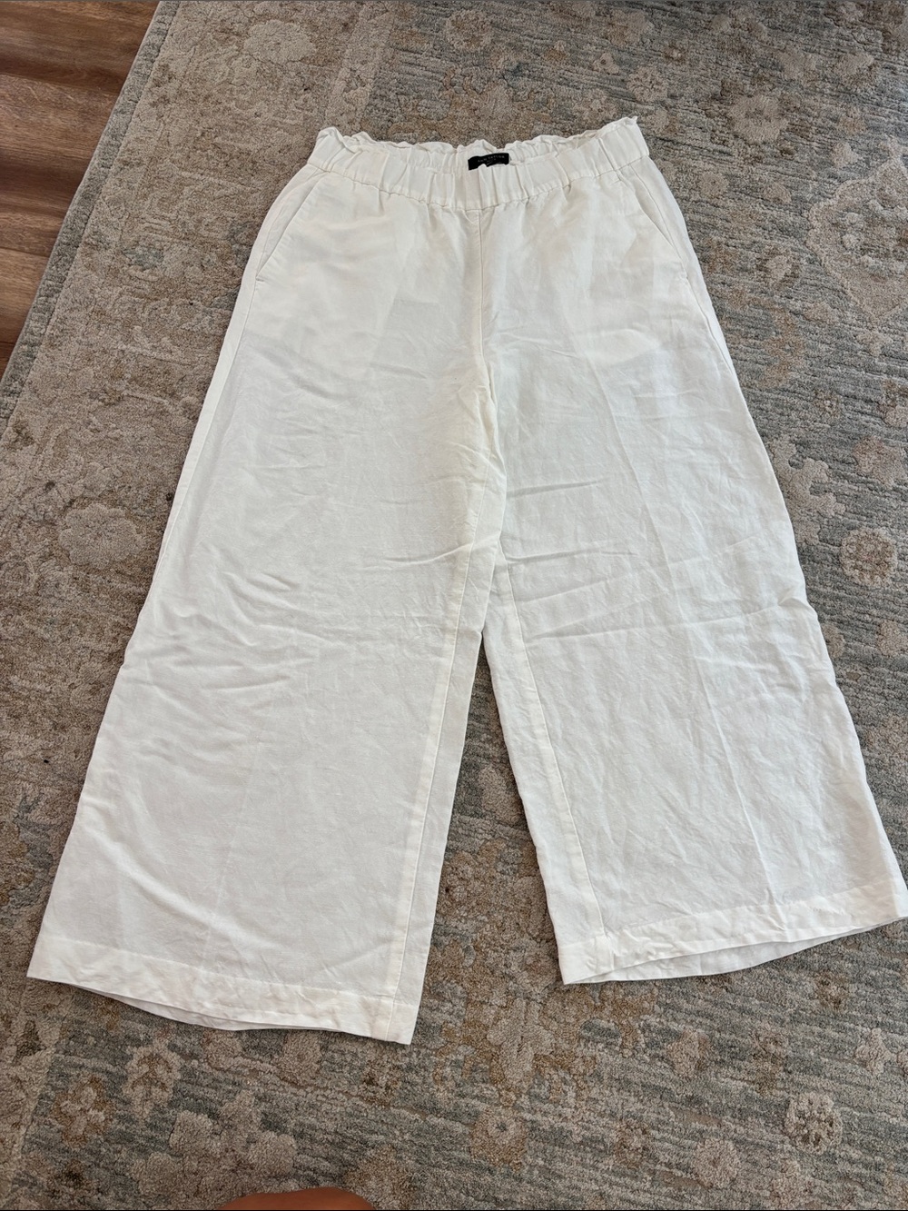Ann Taylor Petite Linen Wide Leg Pants White MP Mid Rise Elastic Paperbag Waist